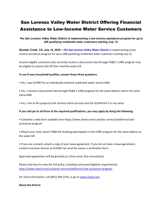 San Lorenzo Valley Water District Offering Financial Assistance to Low-Income Water Service Customers