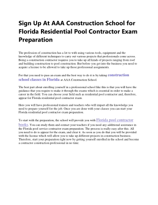 Sign Up At AAA Construction School for Florida Residential Pool Contractor Exam Preparation