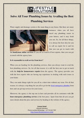 Solve All Your Plumbing Issues by Availing the Best Plumbing Services