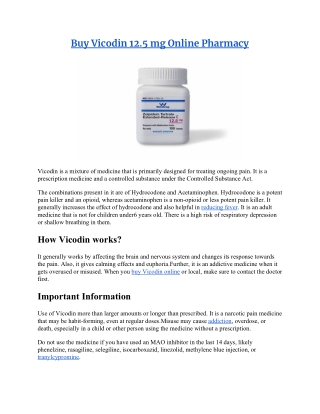 Buy Vicodin 12.5 mg Online Pharmacy