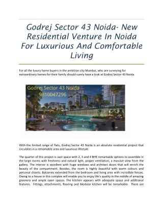 Godrej Sector 43 Noida- New Residential Venture In Noida For Luxurious And Comfortable Living