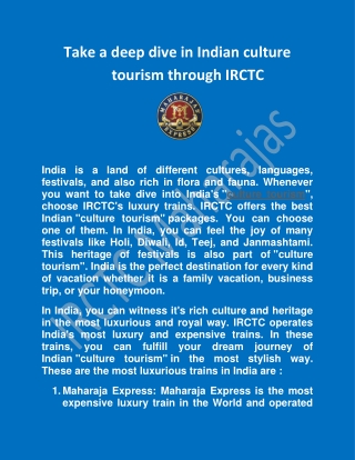 Take a deep dive in Indian culture tourism through IRCTC