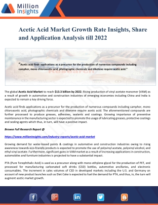 Acetic Acid Market Growth Rate Insights, Share and Application Analysis till 2022