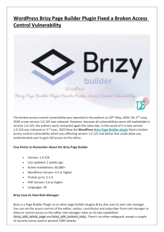 WordPress Brizy Page Builder Plugin Fixed a Broken Access Control Vulnerability