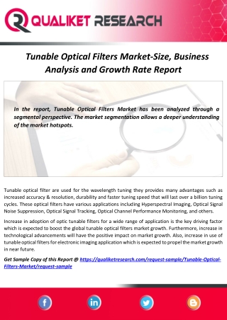 Tunable Optical Filters Market Assessment, Opportunities, Insight, Trends, Key Players – Analysis Report to 2027