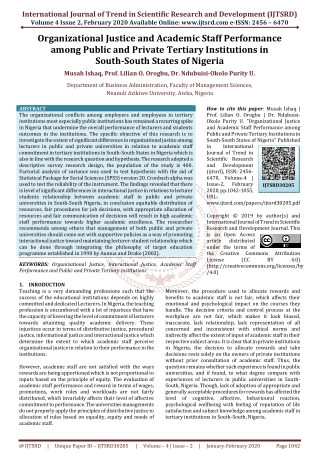 Organizational Justice and Academic Staff Performance among Public and Private Tertiary Institutions in South South Stat