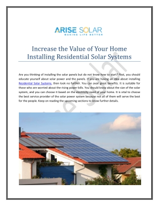 Increase The Value Of  Your Home Installing Residential Solar Systems