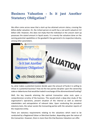 Business Valuation - Is it just Another Statutory Obligation?