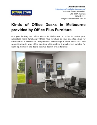 Kinds of Office Desks in Melbourne provided by Office Plus Furniture
