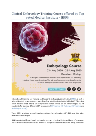 Clinical Embryology Training Course offered by Top rated Medical Institute - IIRRH