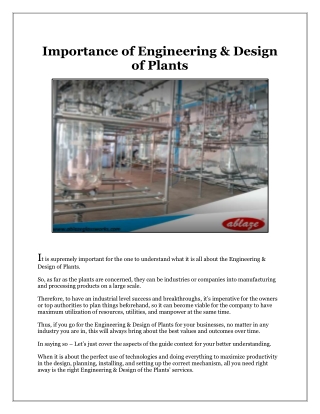 Importance of Engineering & Design of Plants