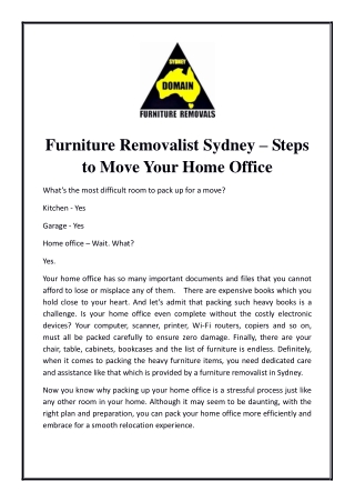 Furniture Removalist Sydney – Steps to Move Your Home Office