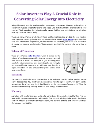 Solar Inverters Play A Crucial Role In Converting Solar Energy Into Electricity