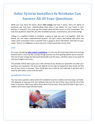 Solar System Installers In Brisbane Can Answer All Of Your Questions