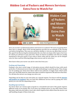 Hidden Cost of Packers and Movers Services: Extra Fees to Watch For
