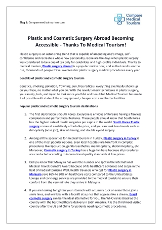 Plastic and Cosmetic Surgery Abroad Becoming Accessible - Thanks To Medical Tourism!