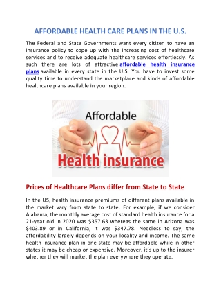 AFFORDABLE HEALTH CARE PLANS IN THE U.S.