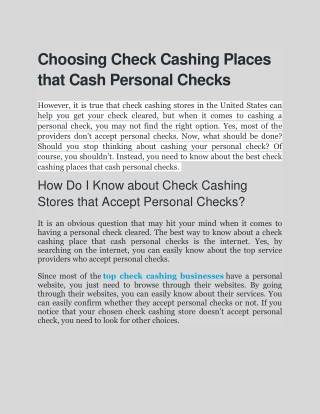 Choosing Check Cashing Places that Cash Personal Checks