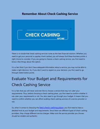 Remember About Check Cashing Service