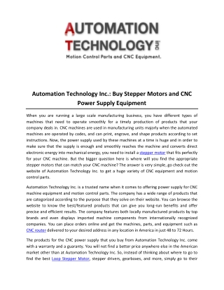 Automation Technology Inc- Buy Stepper Motors and CNC Power Supply Equipment