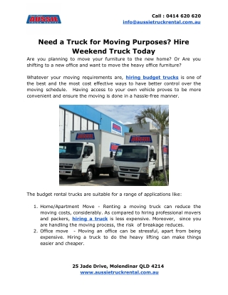 Need a Truck for Moving Purposes? Hire Weekend Truck Today