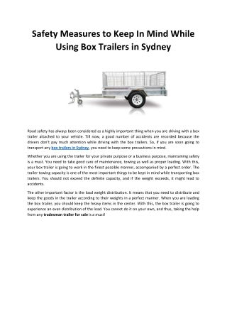 Safety measures to keep in mind while using box trailers in Sydney