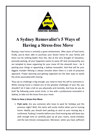 A Sydney Removalist’s  5 Ways of Having a Stress-free Move