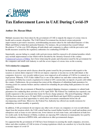 Tax Enforcement Laws in UAE During Covid-19