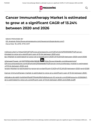 2020 Future of Global Cancer Immunotherapy Market, Size, Share and Trend Analysis Report to 2026