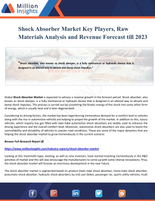 Shock Absorber Market Key Players, Raw Materials Analysis and Revenue Forecast till 2023
