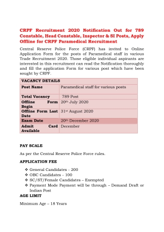 CRPF Recruitment 2020 Notification Out for 789 Constable, Head Constable, Inspector& SI Posts, Apply Offline for CRPF Pa