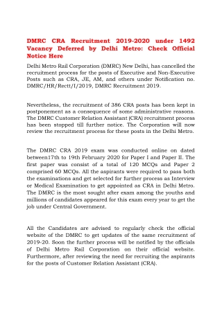 DMRC CRA Recruitment 2019-2020 under 1492 Vacancy Deferred by Delhi Metro: Check Official Notice Here
