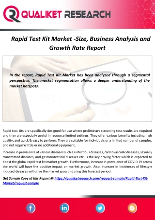 Global Rapid Test Kit Market Trend, Growth, Application and Outlook Analysis Report 2027