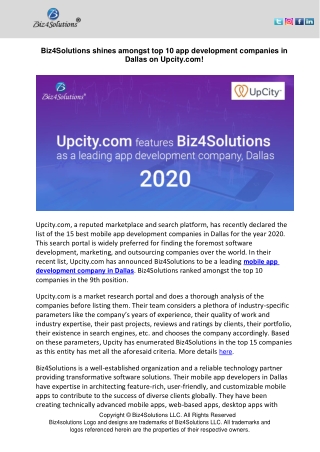 Biz4Solutions shines amongst top 10 app development companies in Dallas on Upcity.com!
