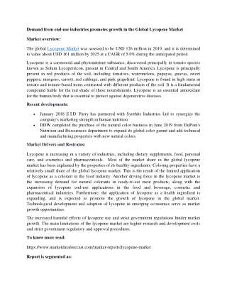 Global Lycopene Market estimated to cross USD 160 million by the end of 2025