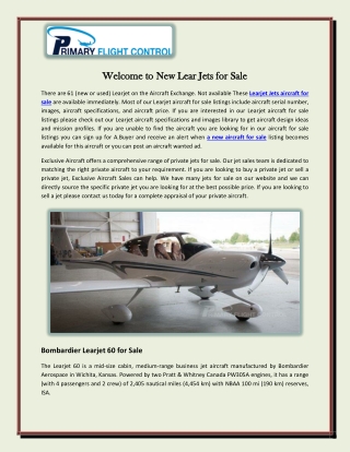 Welcome to New Lear Jets for Sale