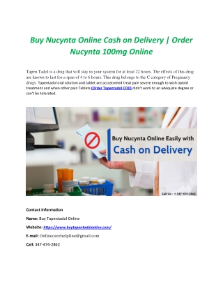 Buy Nucynta Online Cash on Delivery | Order Nucynta 100mg Online