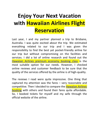 Enjoy Your Next Vacation with Hawaiian Airlines Flight Reservation