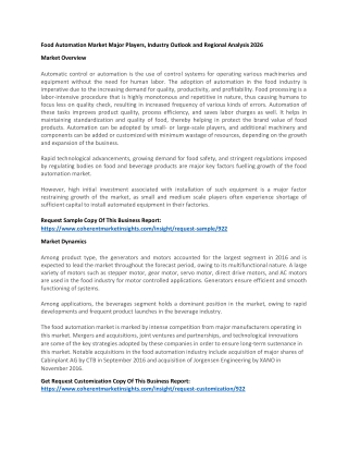 Food Automation Market Major Players, Industry Outlook and Regional Analysis 2026