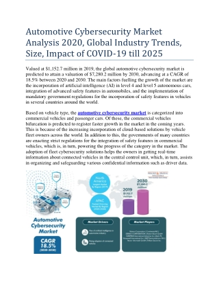 Automotive Cybersecurity Market Analysis Report, Industry Demand and Geographical Outlook