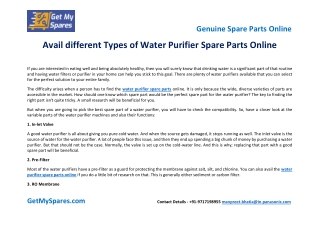 Avail different Types of Water Purifier Spare Parts Online