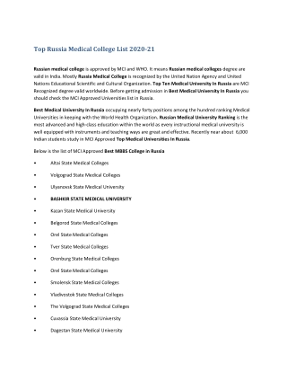 Top Russia Medical College List 2020-21
