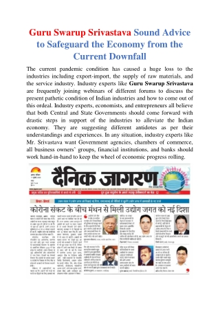 Guru Swarup Srivastava Sound Advice to Safeguard the Economy from the Current Downfall