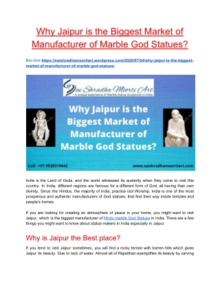 Why Jaipur is the Biggest Market of Manufacturer of Marble God Statues