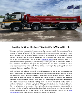 Looking for Grab Hire Lorry? Contact Earth Works UK Ltd.