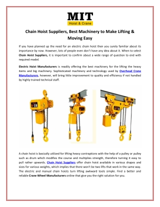 Chain Hoist Suppliers, Best Machinery to Make Lifting & Moving Easy