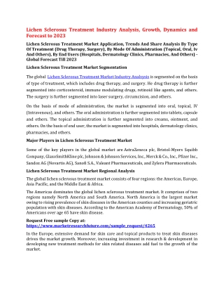 Lichen Sclerosus Treatment Industry Analysis, Growth, Dynamics and Forecast to 2023