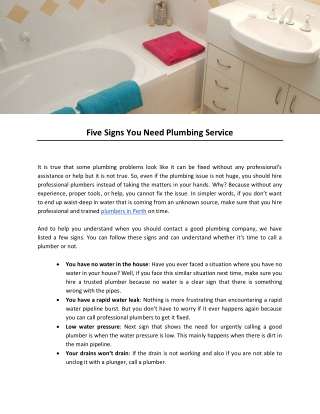 Five Signs You Need Plumbing Service