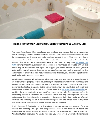 Repair Hot Water Unit with Quality Plumbing & Gas Pty Ltd.