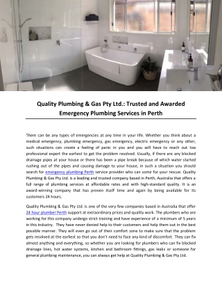 Quality Plumbing & Gas Pty Ltd.: Trusted and Awarded Emergency Plumbing Services in Perth